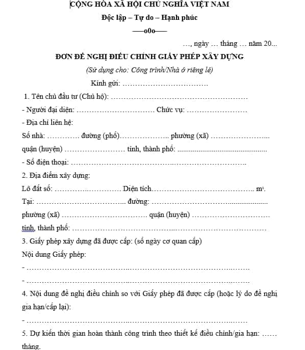 Đơn đề nghị điều chỉnh giấy phép xây dựng