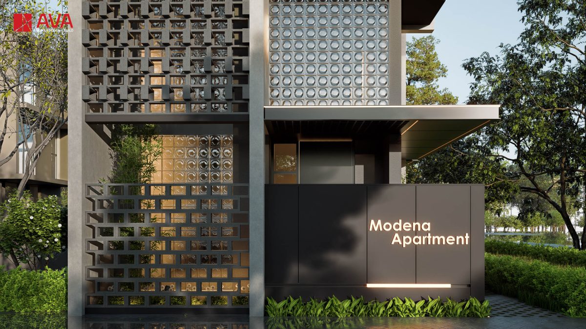 Chi tiết facade căn hộ dịch vụ AVA Modena Apartment với gạch thông gió và gạch kính lấy sáng.