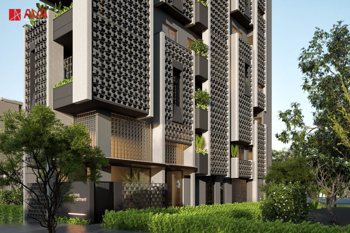 Chi tiết facade căn hộ dịch vụ AVA Modena Apartment với gạch thông gió và gạch kính lấy sáng.