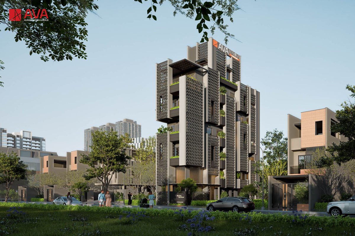 Thiết kế ngoại thất căn hộ dịch vụ AVA Modena Apartment tại FPT City Đà Nẵng với facade gạch thông gió hiện đại.