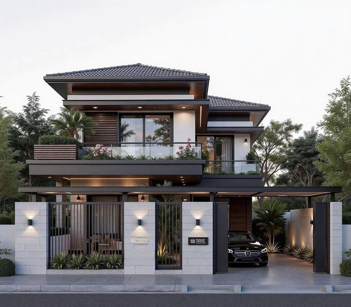 biệt thự hiện đại 2 tầng và 1 tầng áp mái